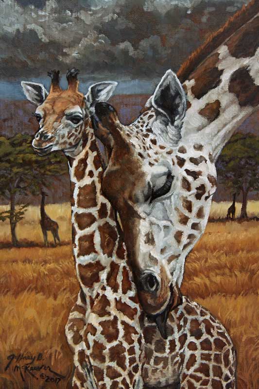 Jeffrey McKeever artwork entitled Love on the Savannah featuring two giraffes in the wild