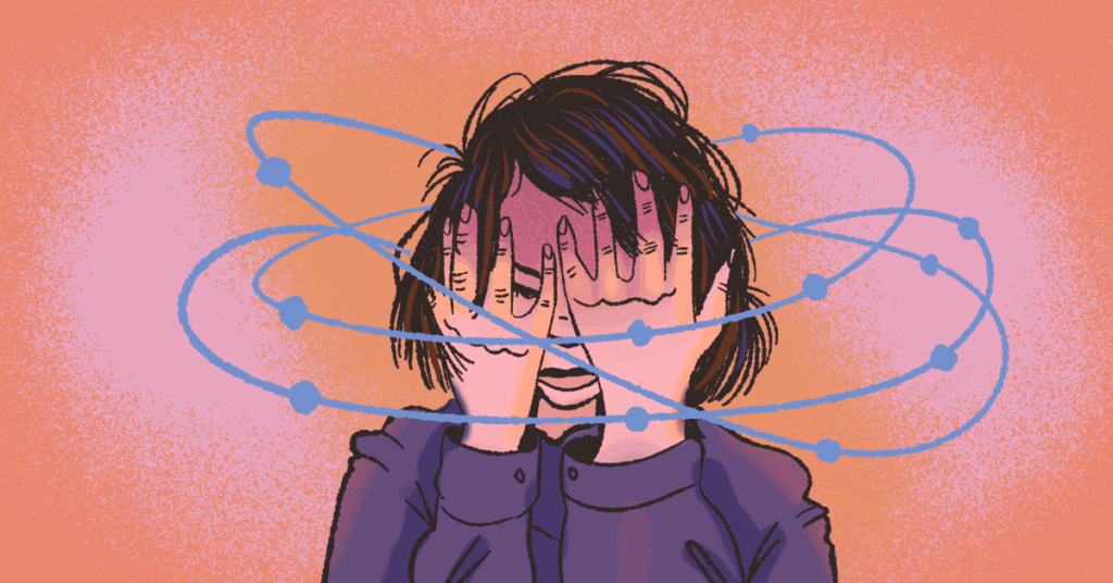 Illustration of woman with MS dizziness and vertigo covering face with hands and illustrative circles around her head