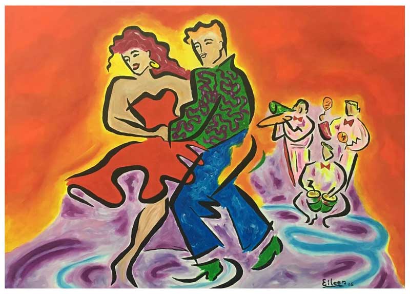 Eileen Figueroa MS Artist's artwork of two people salsa dancing in front of a band in a painting