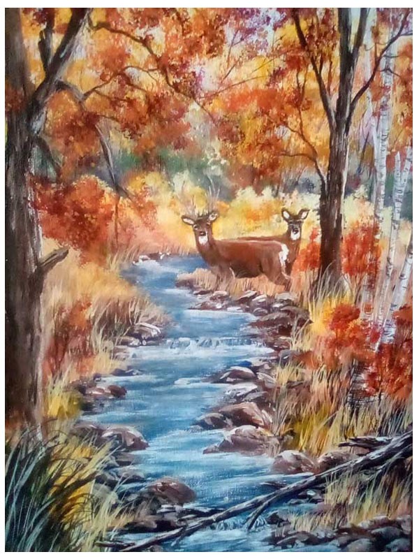 Karen Bloom artist with MS painting of deer entitled “Northwood Majesty”